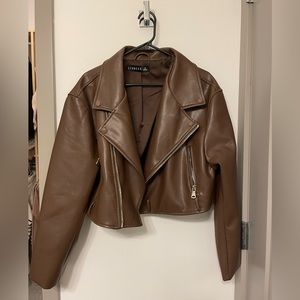 LIONESS Brown Cropped Faux Leather Jacket